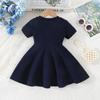 Infant Toddler Short Sleeve Dress with Big Bow, Solid Knit Swing Dress for Daily Wea