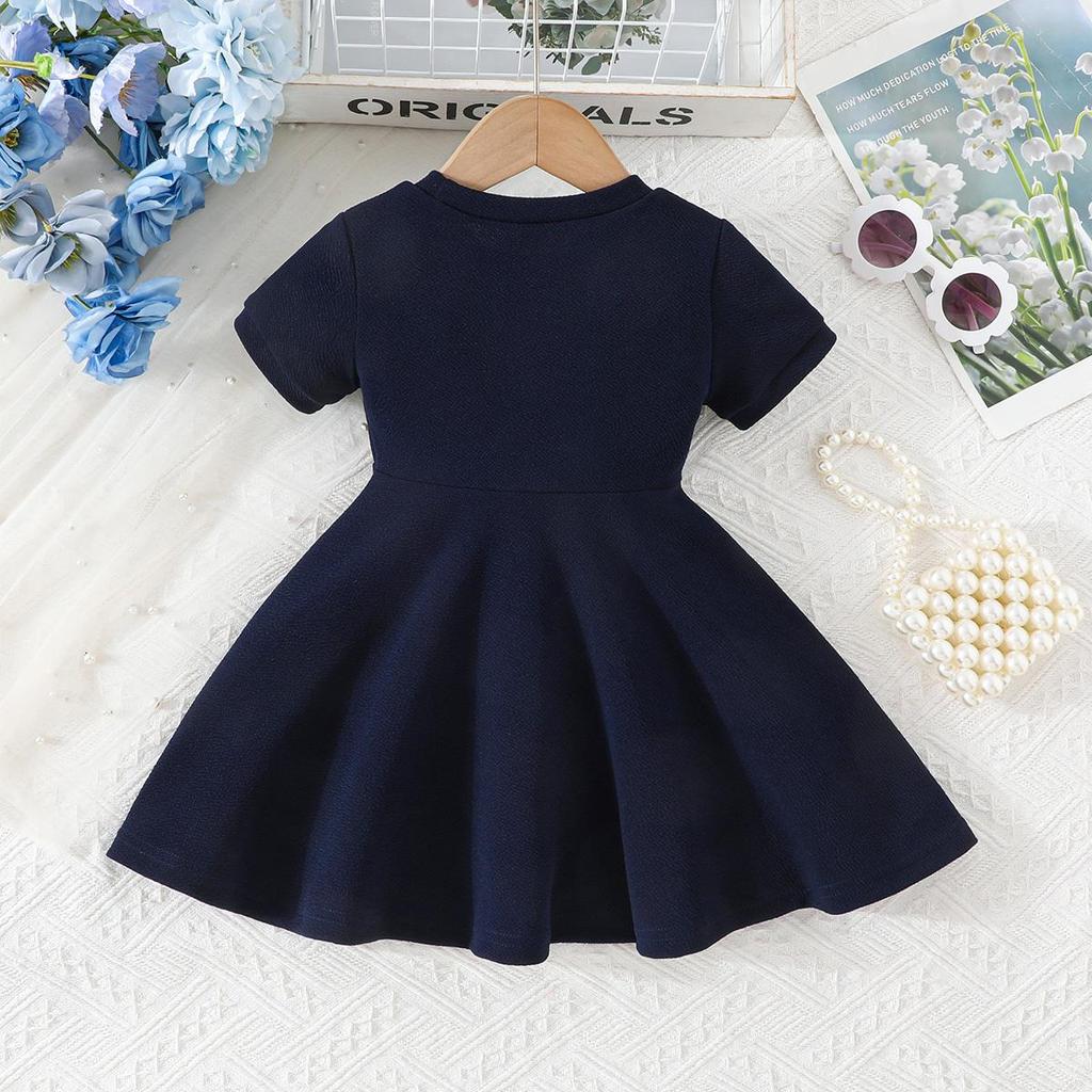 Infant Toddler Short Sleeve Dress with Big Bow, Solid Knit Swing Dress for Daily Wea