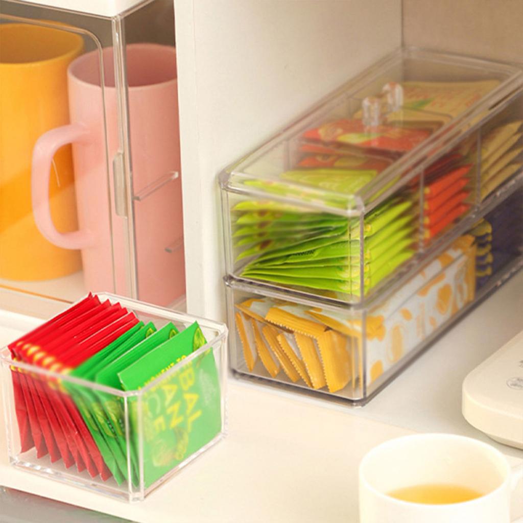 Tea Bag Clear Storage Box Stackable Cosmetic Case Desktop Makeup Stationery Organizer for Bathroom Kitchen Home Organization