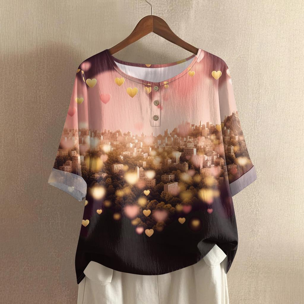 Damska casualowa i wygodna bawełniano-lniana bluzka z okrągłym dekoltem, średniej długości, z modnym nadrukiem