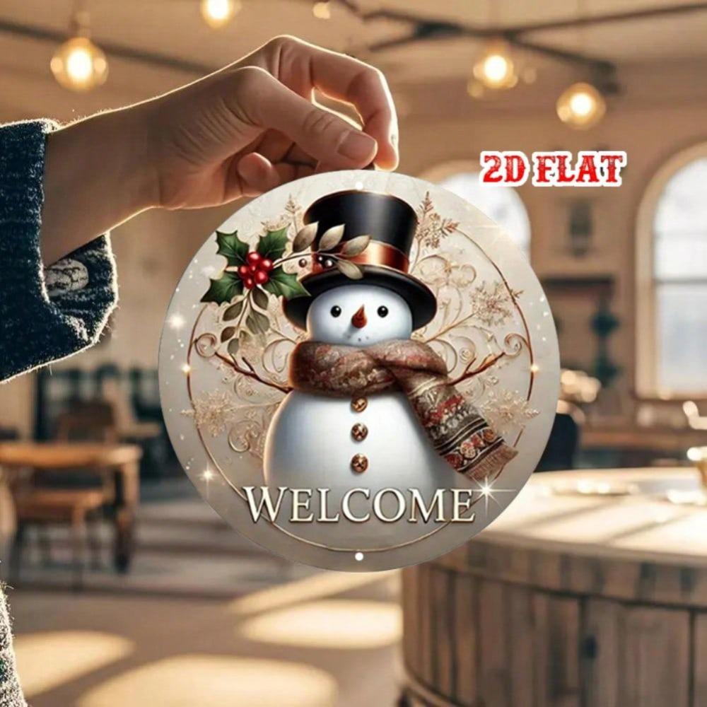 Vintage Snowman Metal Wall Art Round Rustic Christmas Decor Farmhouse Holiday Welcome Sign Winter Home Decor Aluminum Gift
