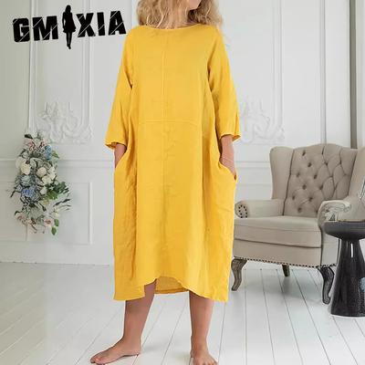 Summer Women's Seven Split Sleeve O-Neck Pocket Loose Long Short Sleeve Dresses