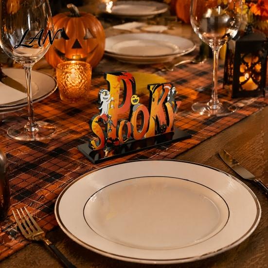 Halloween Wooden Ornaments Tabletop Ornaments, Freestanding Solid Wood Letter Signs, Decorative Table Centerpiece Desktop Accessories with Pumpkin And