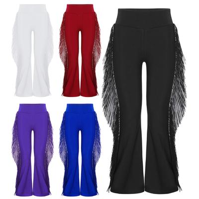 Boys Latin Dance Pants Elastic Waist Tassel Design Bell Bottom Style Ballroom Performance Trousers