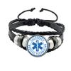 Emergency Medical Technician Paramedic Symbol Logo Black Button Leather Bracelet Glass Dome Blue Star of Life Logo Jewelry