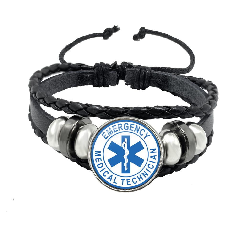 Emergency Medical Technician Paramedic Symbol Logo Black Button Leather Bracelet Glass Dome Blue Star of Life Logo Jewelry