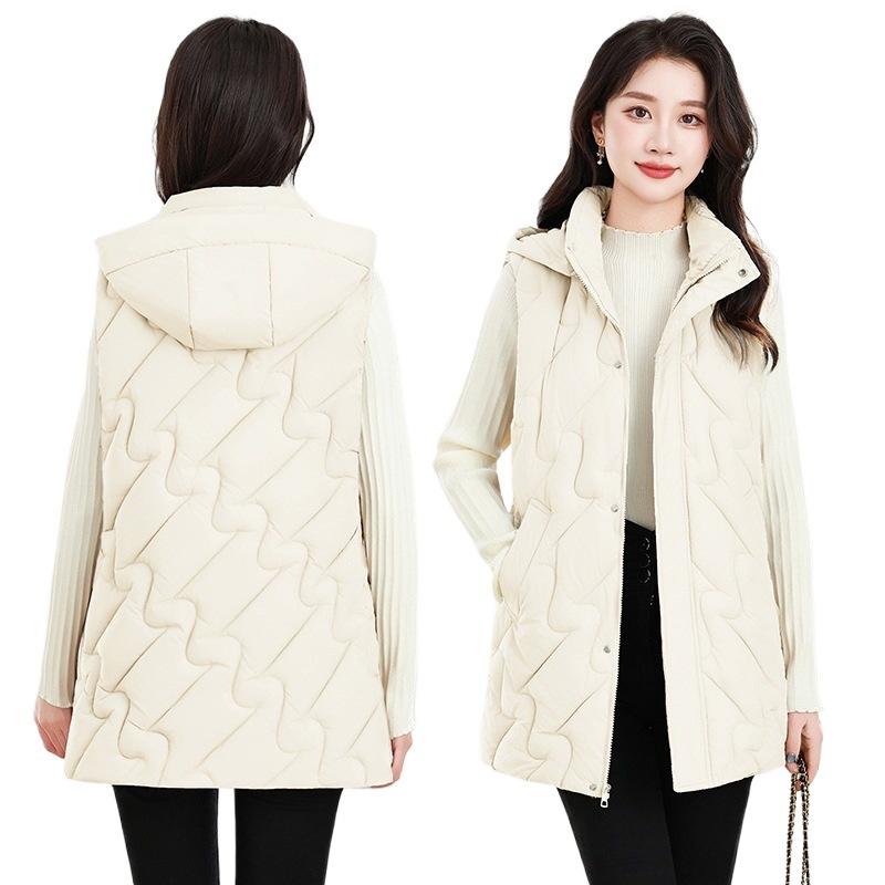 Medium and long down cotton live hat vest women's autumn and winter new fashion thickened vest slim vest jacket