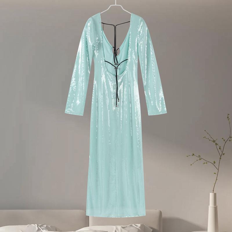 Дамское женское сексуальное длинное сетчатое платье с пайетками и разрезом по талии — фото 15