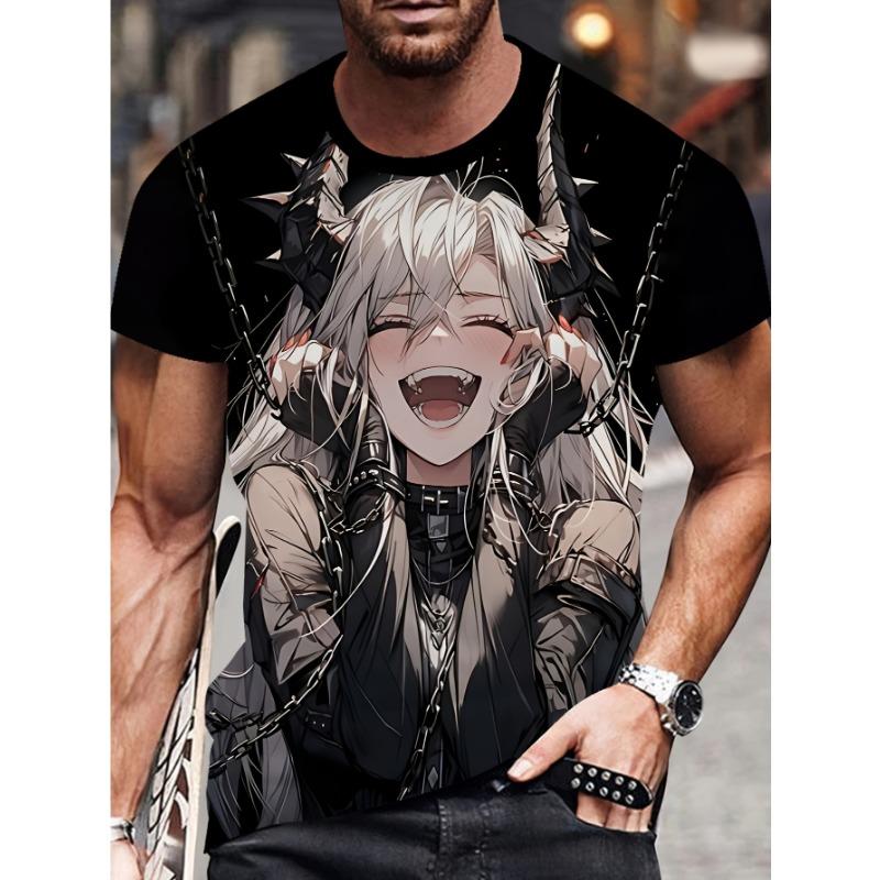 Men S 3D Printed Anime Pattern T-Shirt, Casual Crew Neck Short Sleeves, Cute Succubus, Plus Size S