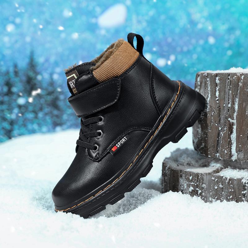 Children's Martin boots velvet boys' winter primary school students black cotton leather shoes 2025 new autumn and winter boys' leather boots