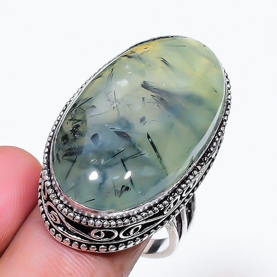 Natural Prehnite Gemstone 925 Sterling Silver Jewelry Ring Size 9.5 AR-18715