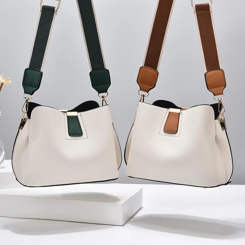 Summer ladies simple casual bucket bag new fashion single shoulder wide strap crossbody large capacity