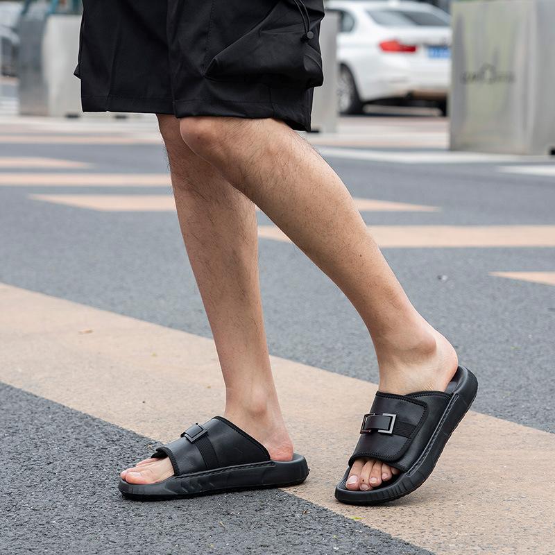 Summer new men's one-word drag men's drag high-end leather fashion outer wear shoes casual beach shoes men's thick soles