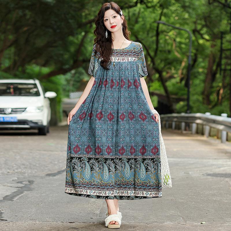 New Bohemian ethnic style short-sleeved summer cotton and silk dress loose fashion large size artificial cotton long skirt