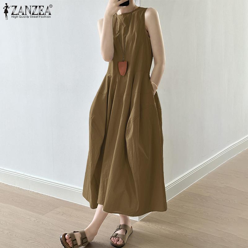ZANZEA Women Casual Sleeveless Ruffled Baggy Casual Long Dress