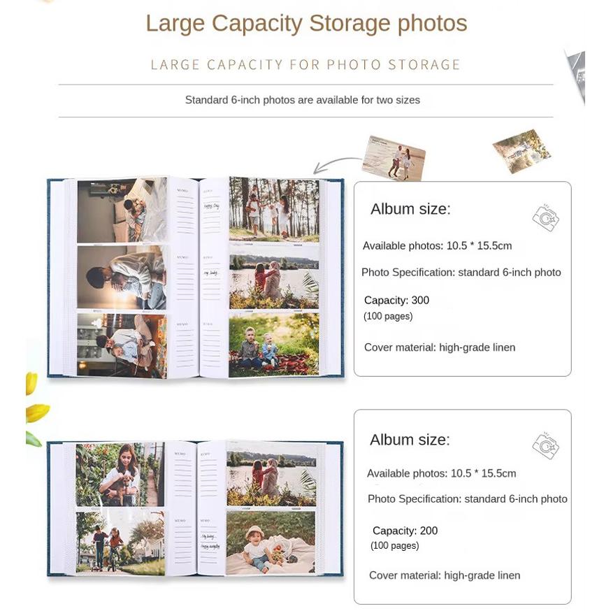 1 Set Leinenstoff Cover Album 6-Zoll Einstecktyp Fotoaufbewahrungsalbum 200/300 Stück Beschreibbar Sammlung von Kinderwachstumsfotos