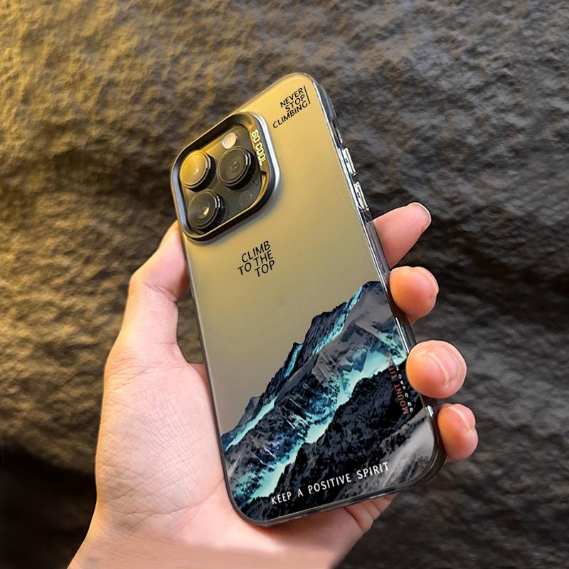 Snow Mountain Landscape Sunset Electroplate Silver Phone Case For iPhone 16 11 12 13 14 15 Pro Max 7 8 Plus X XS XR Back Cover