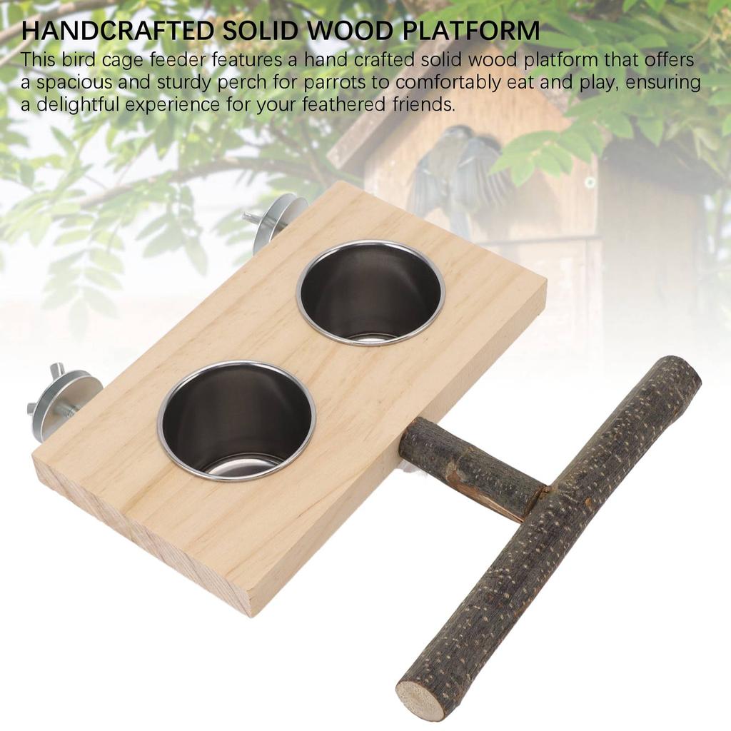 Bird Cage Feeder with Perch Stand Stainless Steel Food Cup Bird Wooden Feeding Bowl for Parakeets Co