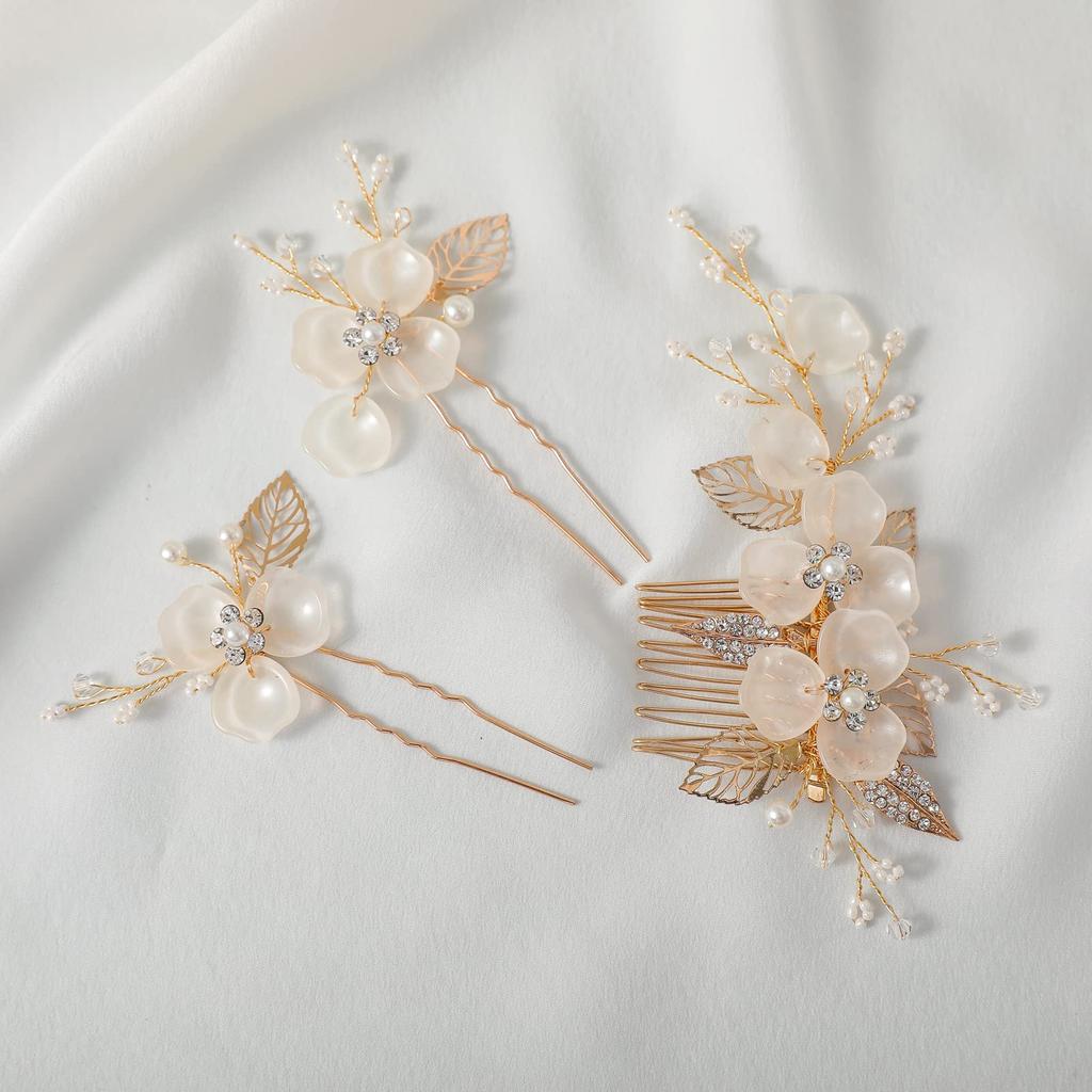 Haodeliy Hair Ornament Headpiece Set with Comb and Handmade Bridal Hair Wedding Flower Hair Perfect for Entrance and Suitable for Kimono 3-Piece