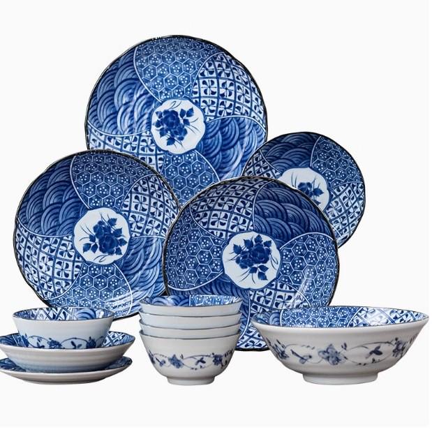 Retro Blue & White Japanese-Style Porcelain Rice Bowl & Ceramic Plate Set