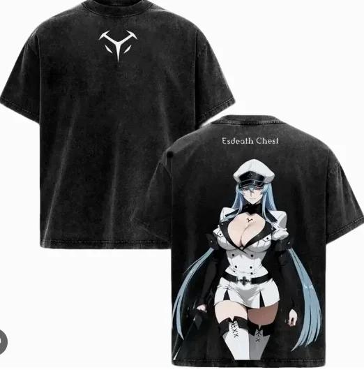 2026summer Akame Ga Kill Esdeath Anime Washed T-shirt Men Women Vintage Oversized Streetwear Harajuku Casual Cotton Tee