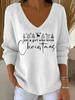2025 3D Print V-Neck Drop Shoulder Christmas Pullover for Women