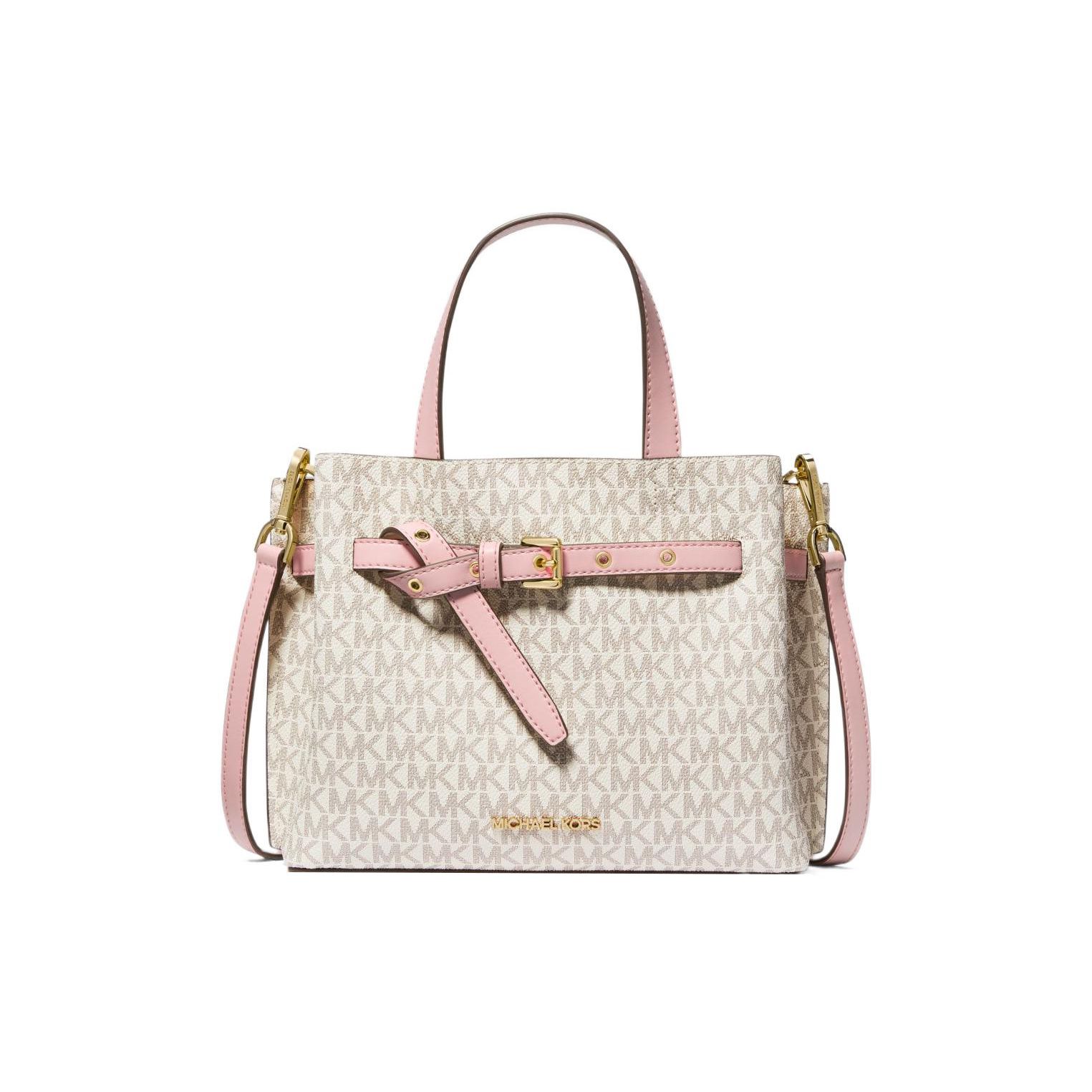 

Michael Kors MK Emilia Monogram Color Block Logo Zipper Square Polyester Shoulder Crossbody Tote Bag Small Women Bags Pink White 35H0GU5S1B-7183 Basic Set (Bag+Dust Bag)