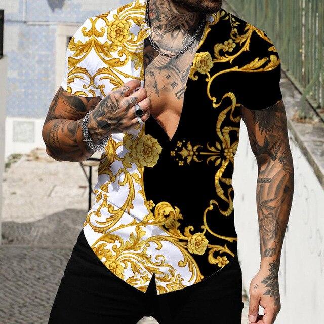 Pánské košile Krátké Luxusní košile s límečkem Lapel Prom Vysoce kvalitní topy Pánské oblečení Slim Fit Tričko 5xl Barokní potisk Volná trička