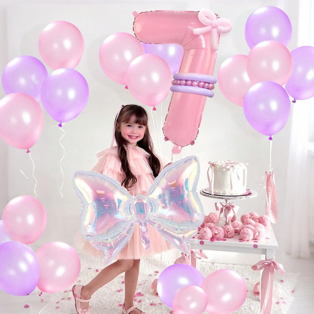 Rainbow Transparent Colorful Bow Balloon Set with 32 inch Pink Digital Balloon 0-9 for Anniversary Birthday Party Decoration