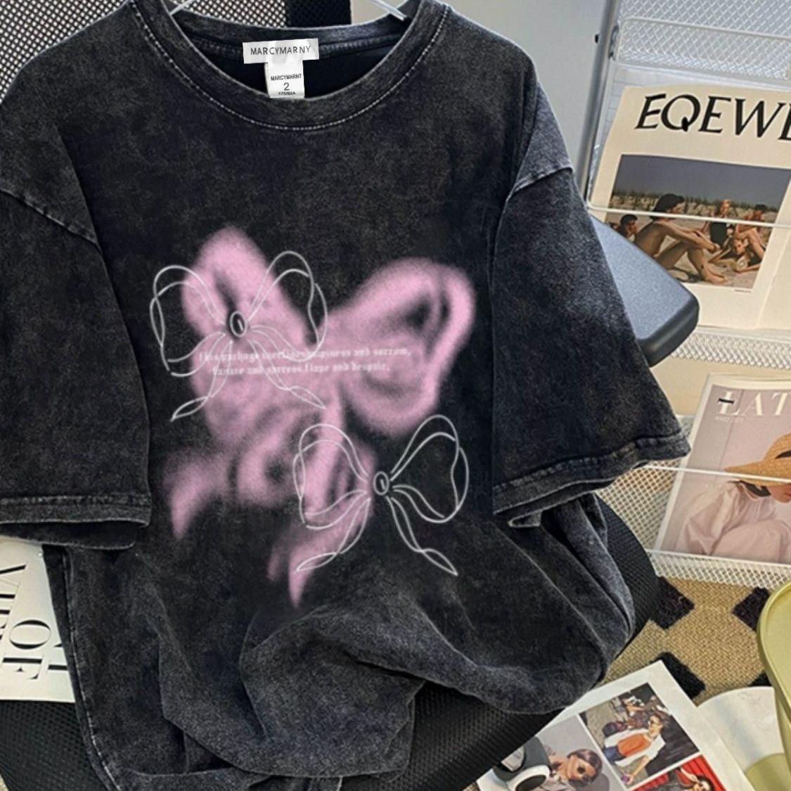 

Черный топ с эффектом старения с розовым бантом, женская свободная одежда с короткими рукавами в стиле ретро в американском стиле 2XL