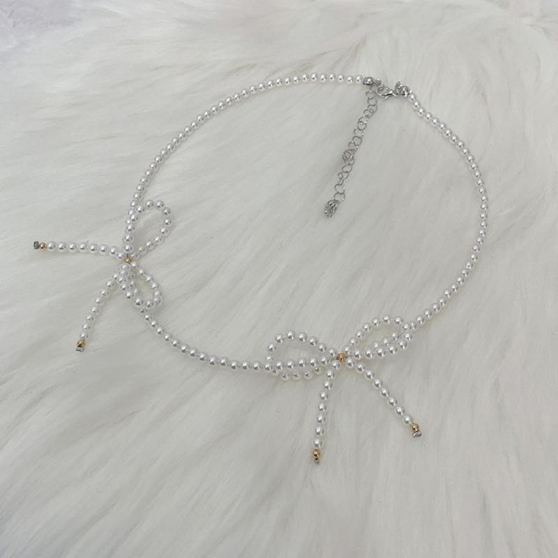 Elegant Bowknot Short Necklace Fashion Crystal Beaded Choker Necklace Simple Collar Necklace Clavicle Chain Jewelry