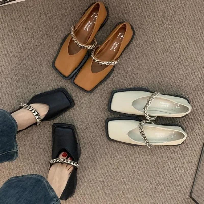 fashion Ladies Shoes on Sale 2024 Fashion One Kick Women's Flats Autumn Square Toe Chain Solid Low Heels Shallow Office Ladies Shoes