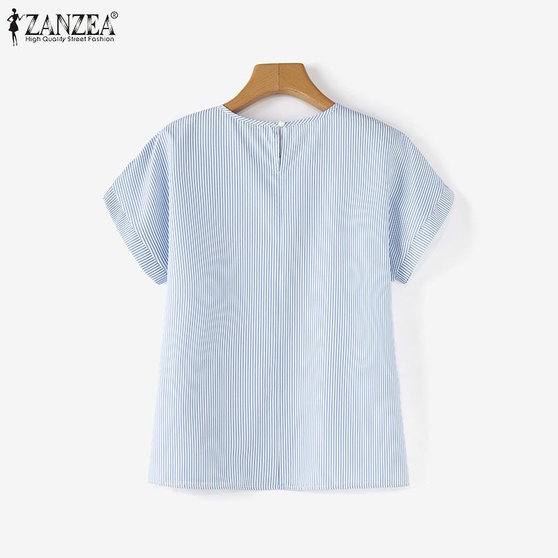 ZANZEA Женская повседневная свободная блузка в полоску с круглым вырезом и короткими — фото 6
