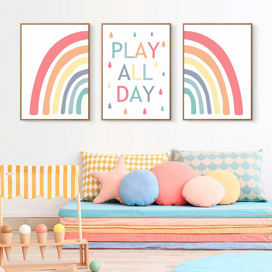 Colourful Rainbow Raindrop Play All Day Posters Prints Canvas Painting Nursery Wall Art Pictures Girls Room Home Decor