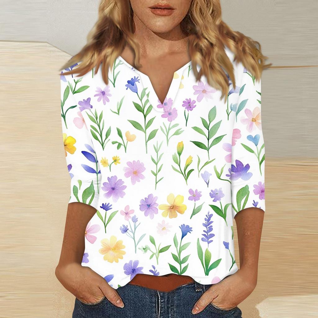 Women's Stand Collar 3/4 Sleeve Printed Top T-shirt