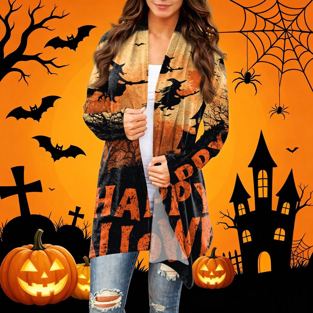 Women's Casual Halloween Printed Long Sleeve Mid-Length Cardigan Jacket for Fall