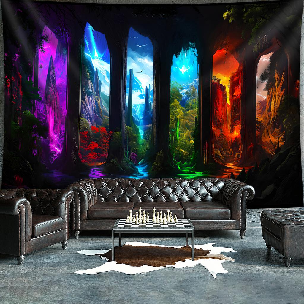 Fantasy Cave Tapestry, Colorful Light Portals In Rock Formations, Mystical Landscape Wall Art For Home Dorm Background