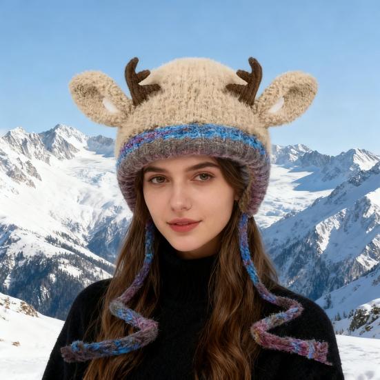 Vánoční čepice s parohy a ochranou uší, dvoufunkční design, ručně pletená slavnostní zimní čepice, kabelka, sváteční dekorace