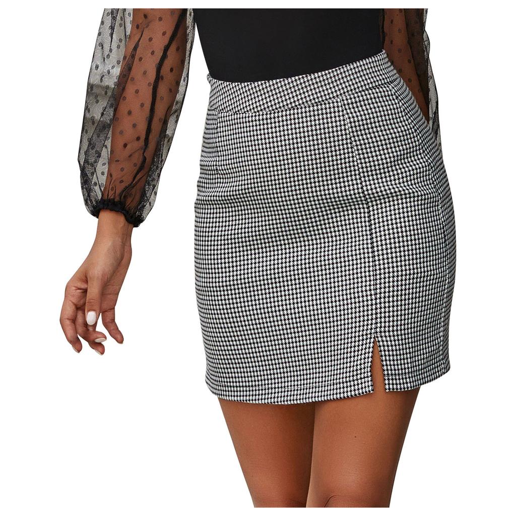 Fashion Women Houndstooth Plaid Print Open Fork High Waist Short Skirt