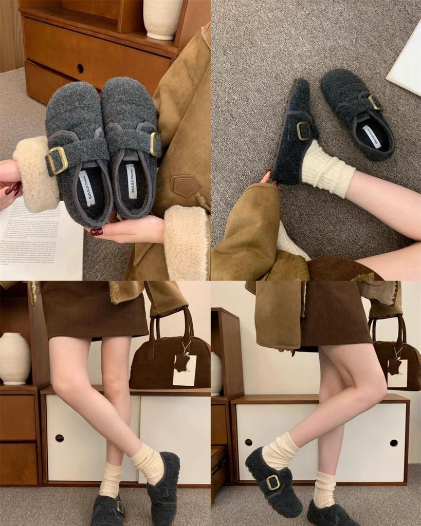 Gray fluffy shoes for women to wear in winter, new Korean version of woolen single shoes for women, flat-soled Doudou shoes, velvet thermal cotton sh