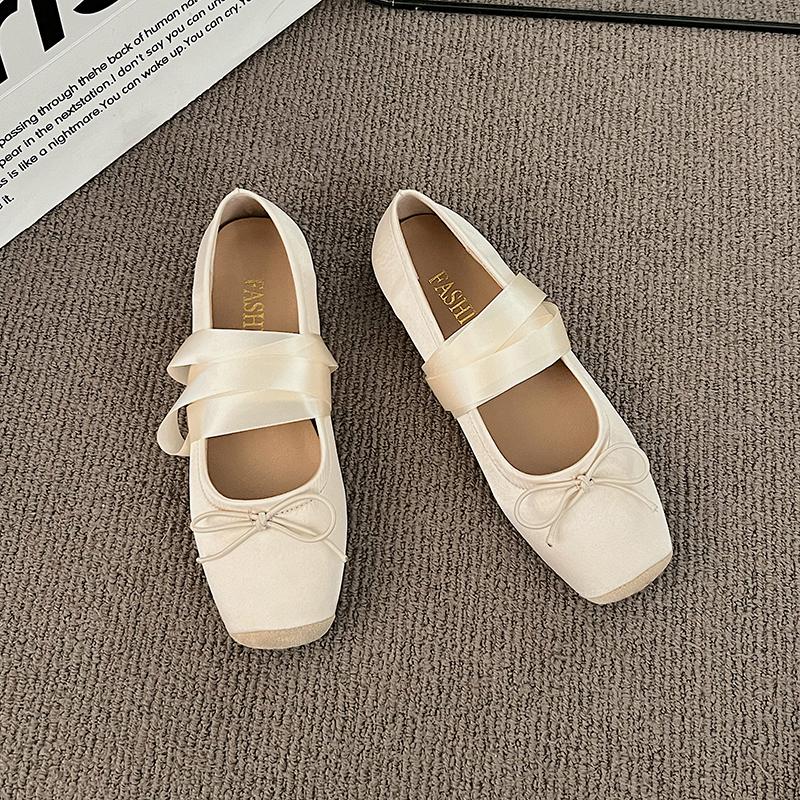 

Fashion Luxury Lace Tie Leg Satin Silk Ballet Flats Woman Square Toe Bowknot Elastic Band Ballerinas Ladies Wedding Floral Shoes 35