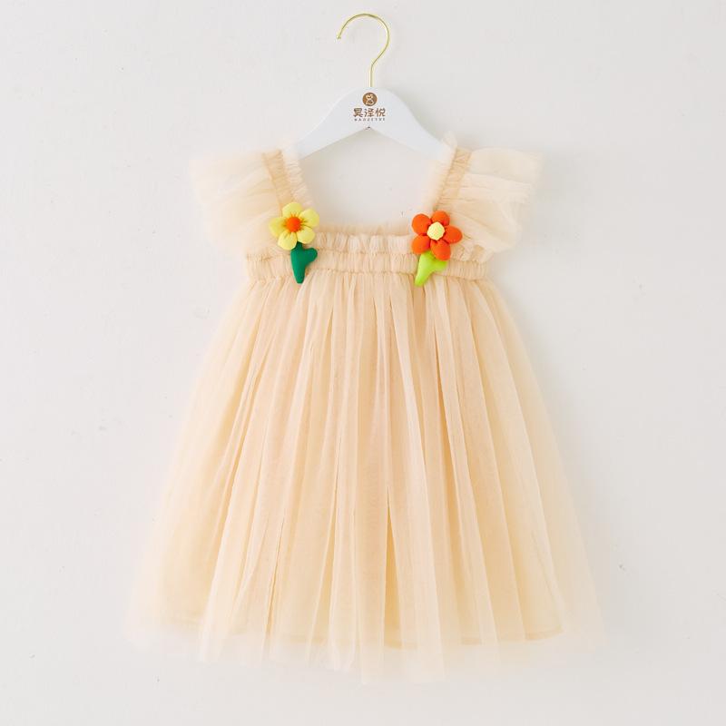 Children's New Children's Dress Three-dimensional Flower Flying Sleeve Dress Flower Child Mesh Shaggy Dress Girls Slip Dress