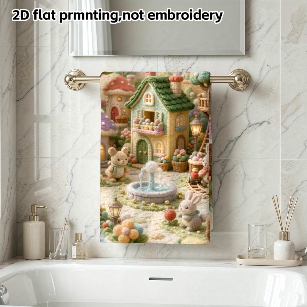 Fairy Knitted Village Absorbent Shower Towel, Whimsical Felt Town Print, Soft Quick Dry Bath Towel