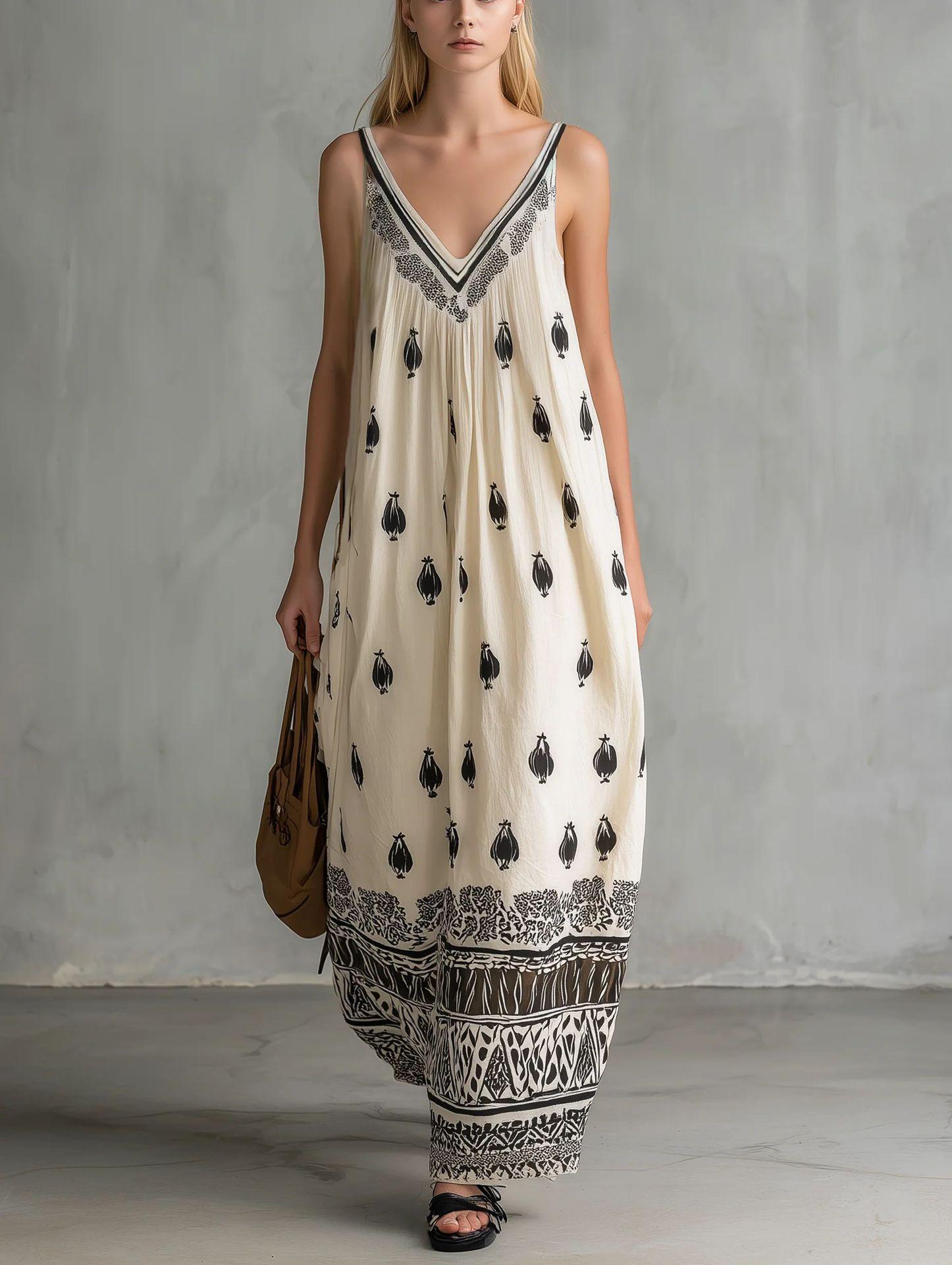2026 Summer New Spaghetti Strap Long Dress, European and American Style Loose V-Neck Cotton-Linen Dress, Beach Resort Beach Dress S