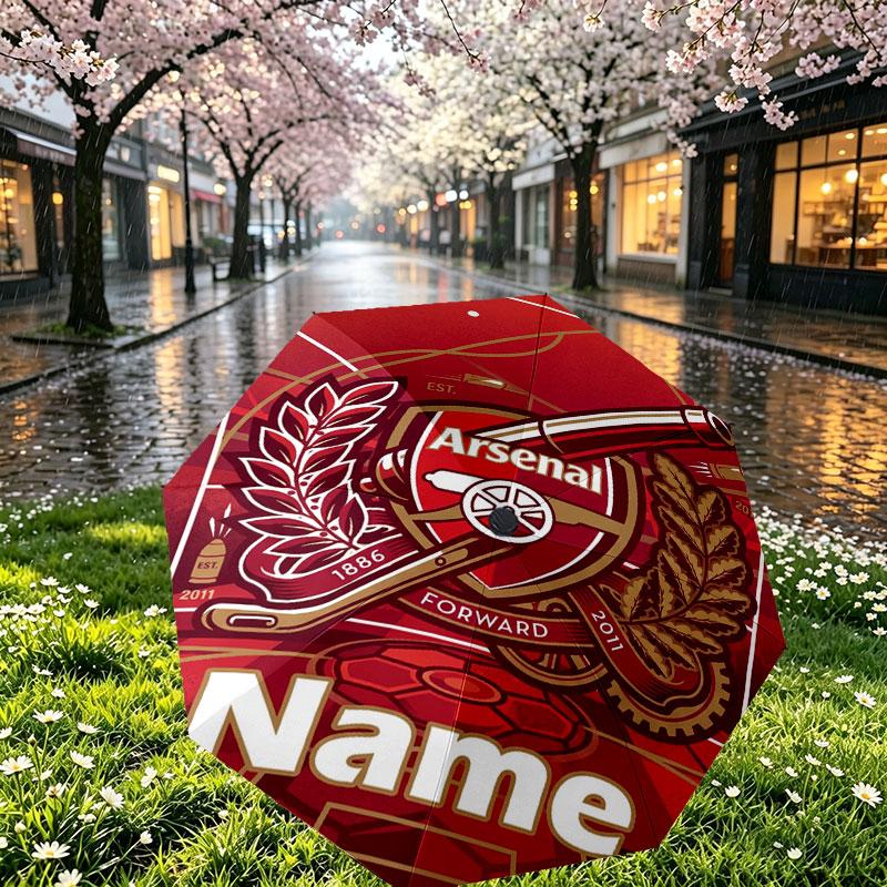 Custom Name Personalized Arsenal F.C Print Umbrella, Auto Open Close, 8‑Rib Sturdy Frame, Commute Camping Hiking Use, Birthday Gift