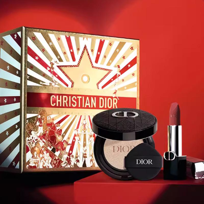 Dior Lipstick Three-piece Set: Blue Gold Lipstick #999 Velvet + Embroidered Outer Box + Soft and Shiny #1N Air Cushion Core