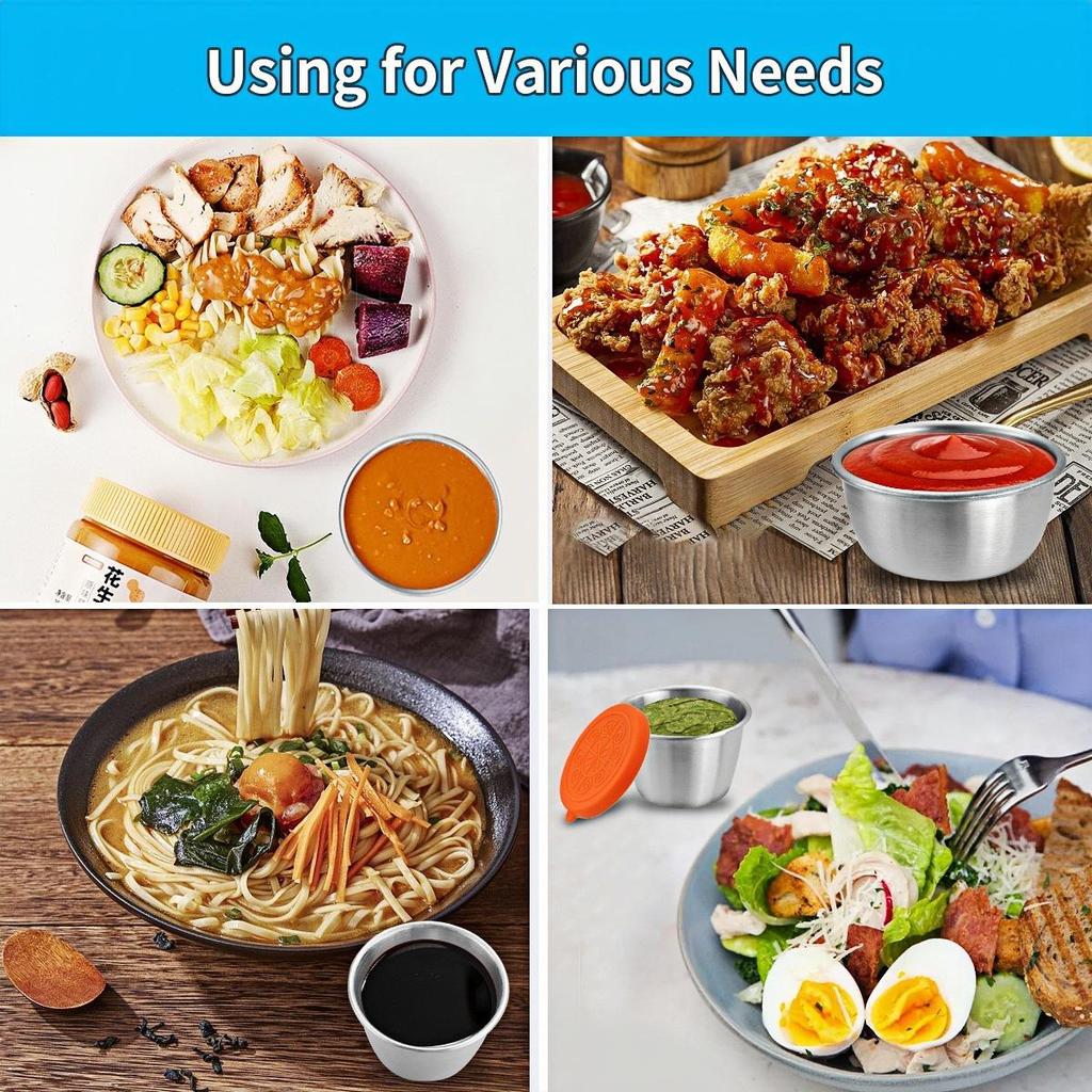 50/70ML Stainless Steel Sauce Cup with Silicone Lid - Leak-Proof Seasoning and Dipping Container