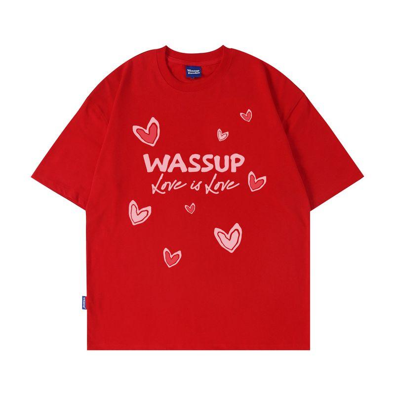 Wassup Heods Trendy Brand Heart-Themed Couple Short-Sleeve T-Shirt Summer Loose Pure Cotton National Trend Unisex T-Shirt Summer