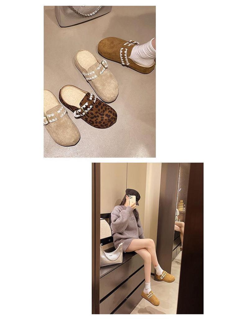 Thick-Soled Fleece-Lined Retro Birkenstock Women's Furry Round-Toe Slippers for Autumn/Winter