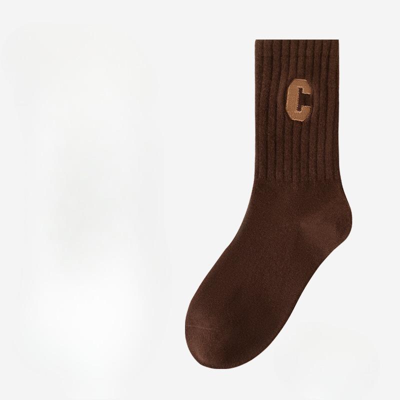 Women's Spring and Autumn Mid-calf Socks, Sweat-absorbing C-letter Color Socks, Embroidered Women's Socks, Long Cotton Socks